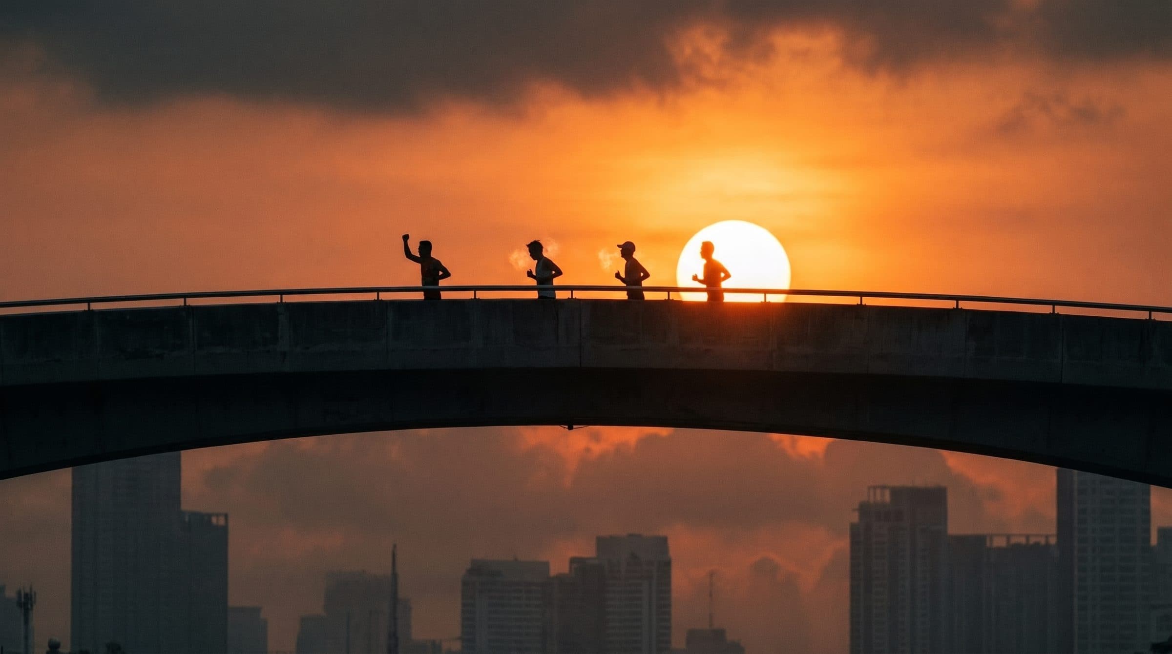 Runners crossing a bridge at sunrise in Bangkok